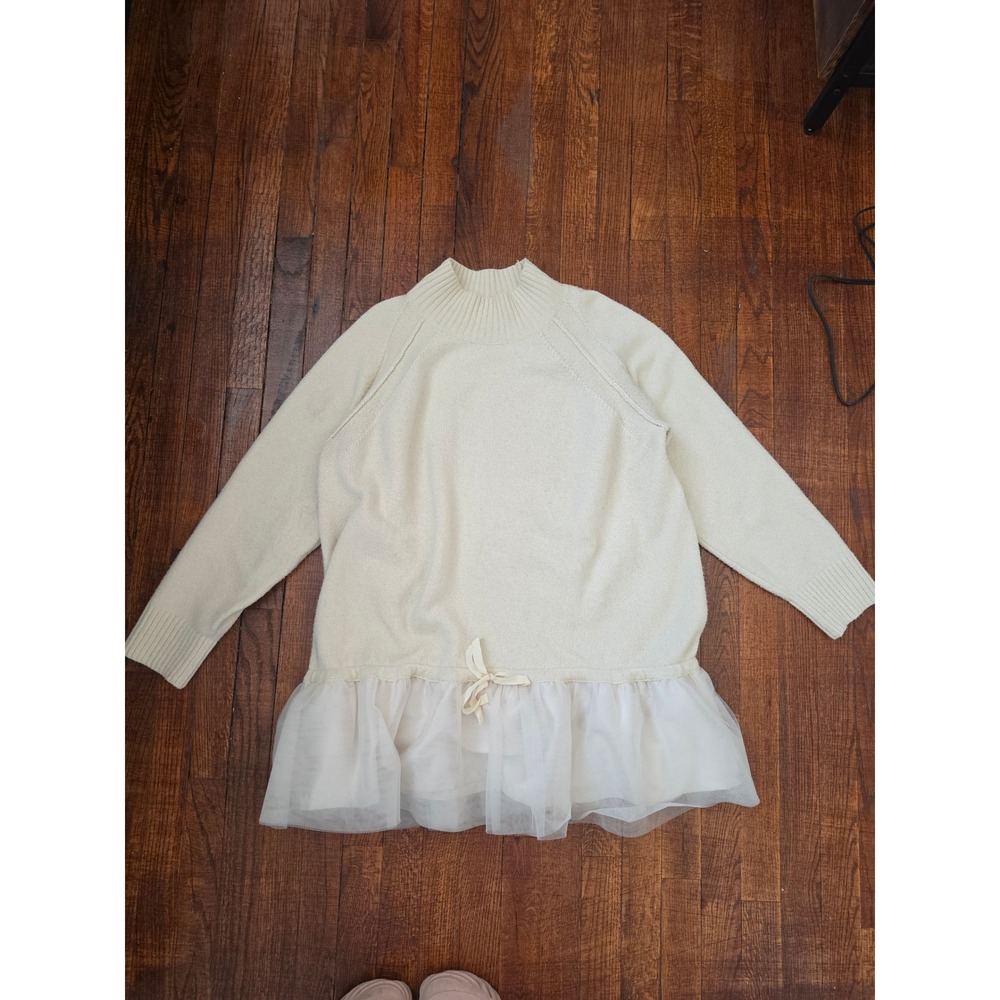 Anthropologie Babydoll Ballerina Longsleeve Cream Tulle Twofer Mini Dress sz L - Picture 2 of 8